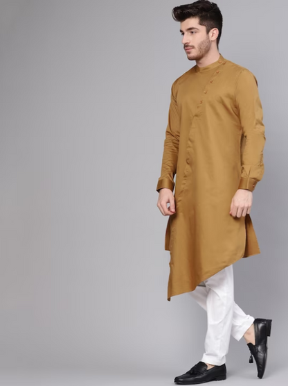 Men Khaki & White Solid Kurta with Trousers