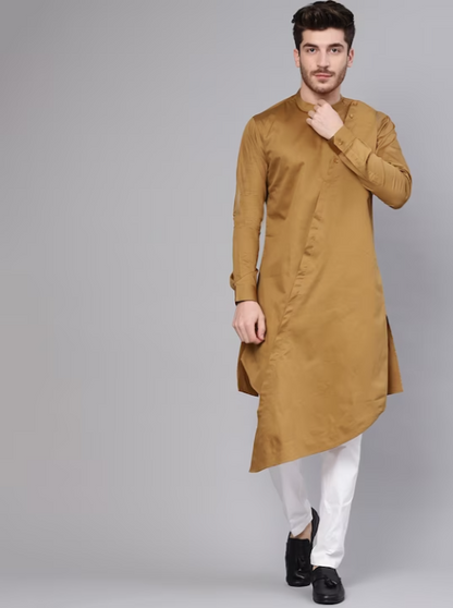 Men Khaki & White Solid Kurta with Trousers