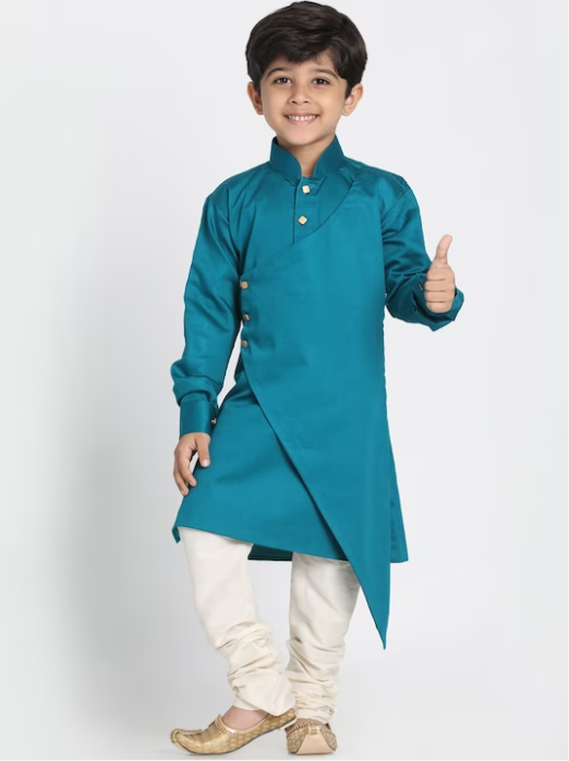 Boys Mandarin Collar Layered Kurta with Churidar