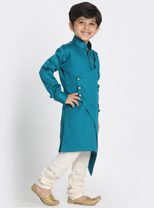 Boys Mandarin Collar Layered Kurta with Churidar