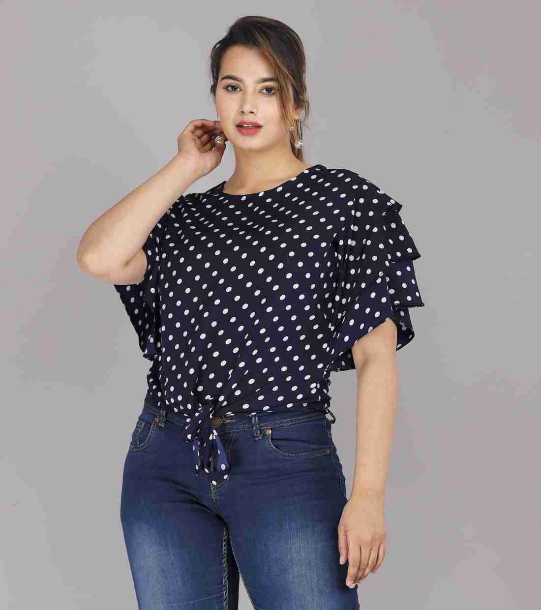 Polka Dot Print Crop Top - Navy Blue