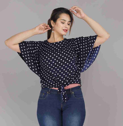 Polka Dot Print Crop Top - Navy Blue