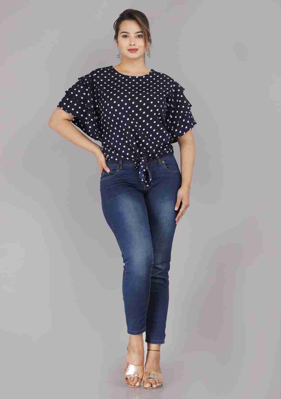 Polka Dot Print Crop Top - Navy Blue