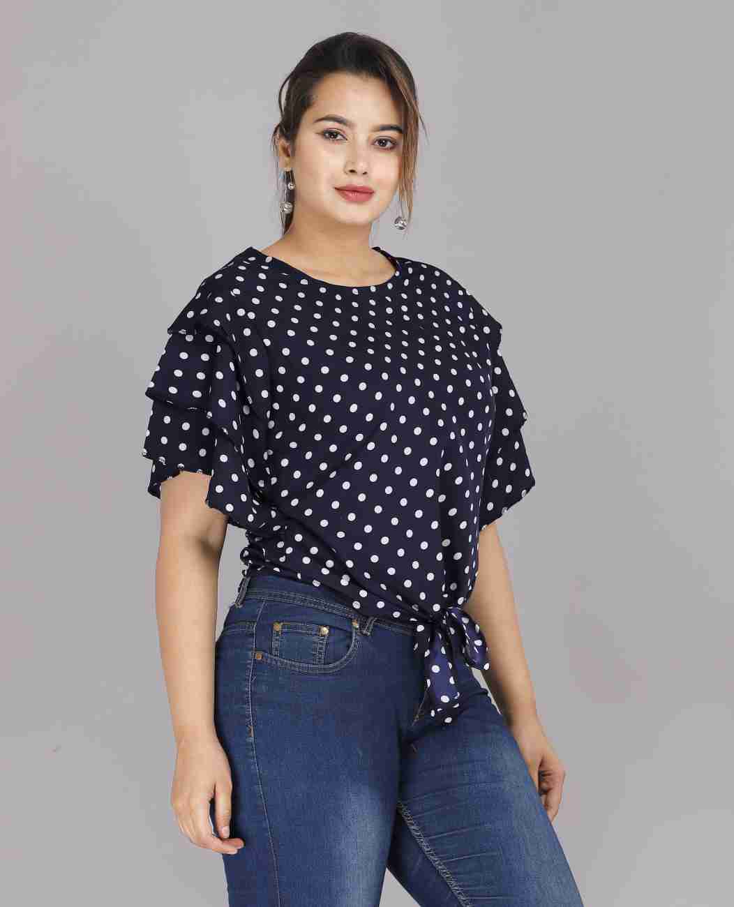 Polka Dot Print Crop Top - Navy Blue