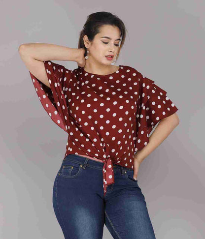 Polka Dot Print Crop Top - Maroon