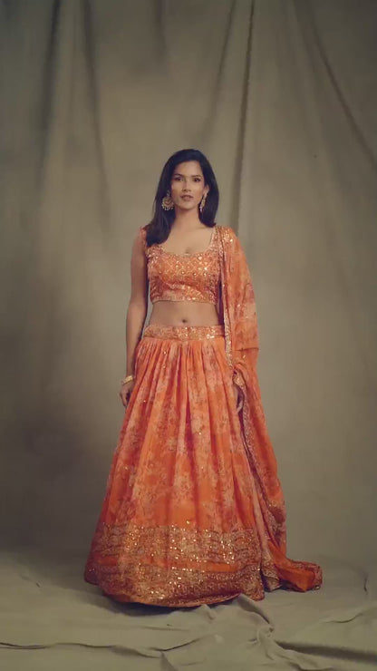 Orange & Gold-Toned Embroidered Sequinned Shibori Lehenga &  Blouse With Dupatta