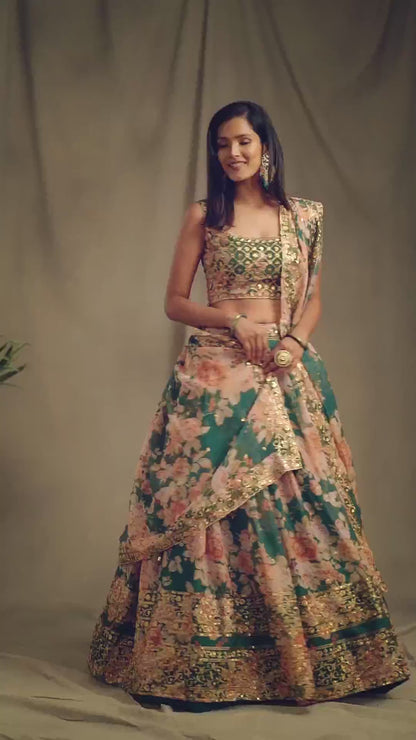 Green & Pink Embroidered Sequinned Shibori Lehenga & Blouse With Dupatta